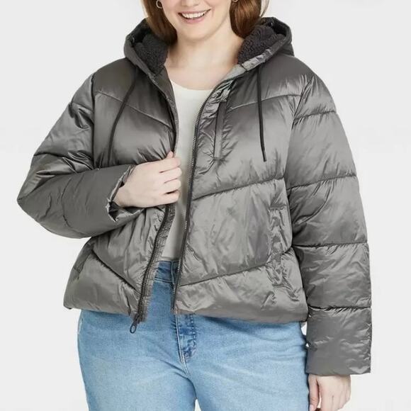 Ava Viv Puffer Jacket Short 2X Plus Winter Hood Coat Faux Fur Full Zip Silver - Picture 4 of 9